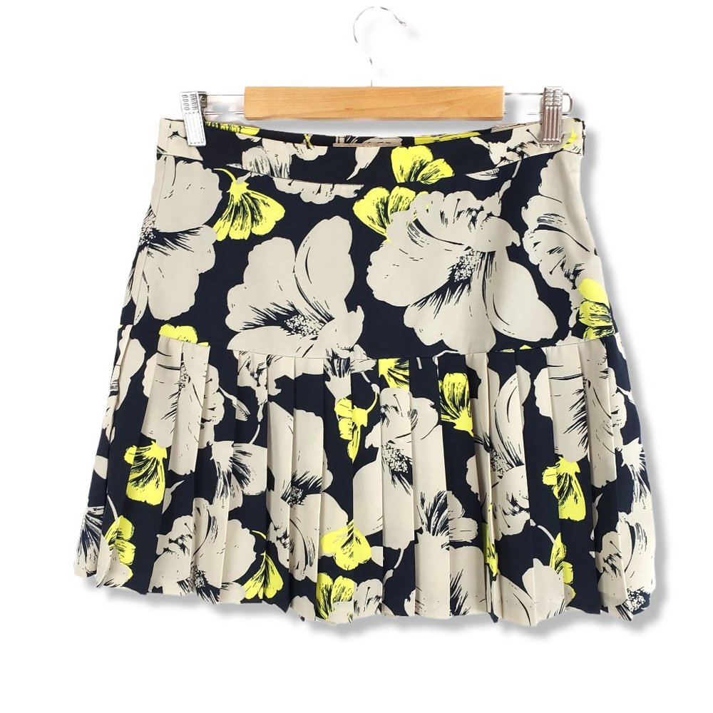 Banana Republic Navy Cream and Yellow Floral Print Pleated Skirt Size 6
